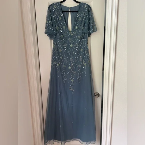 ASOS DESIGN flutter sleeve maxi dress with trailing floral embellishment in blue - Picture 3 of 6